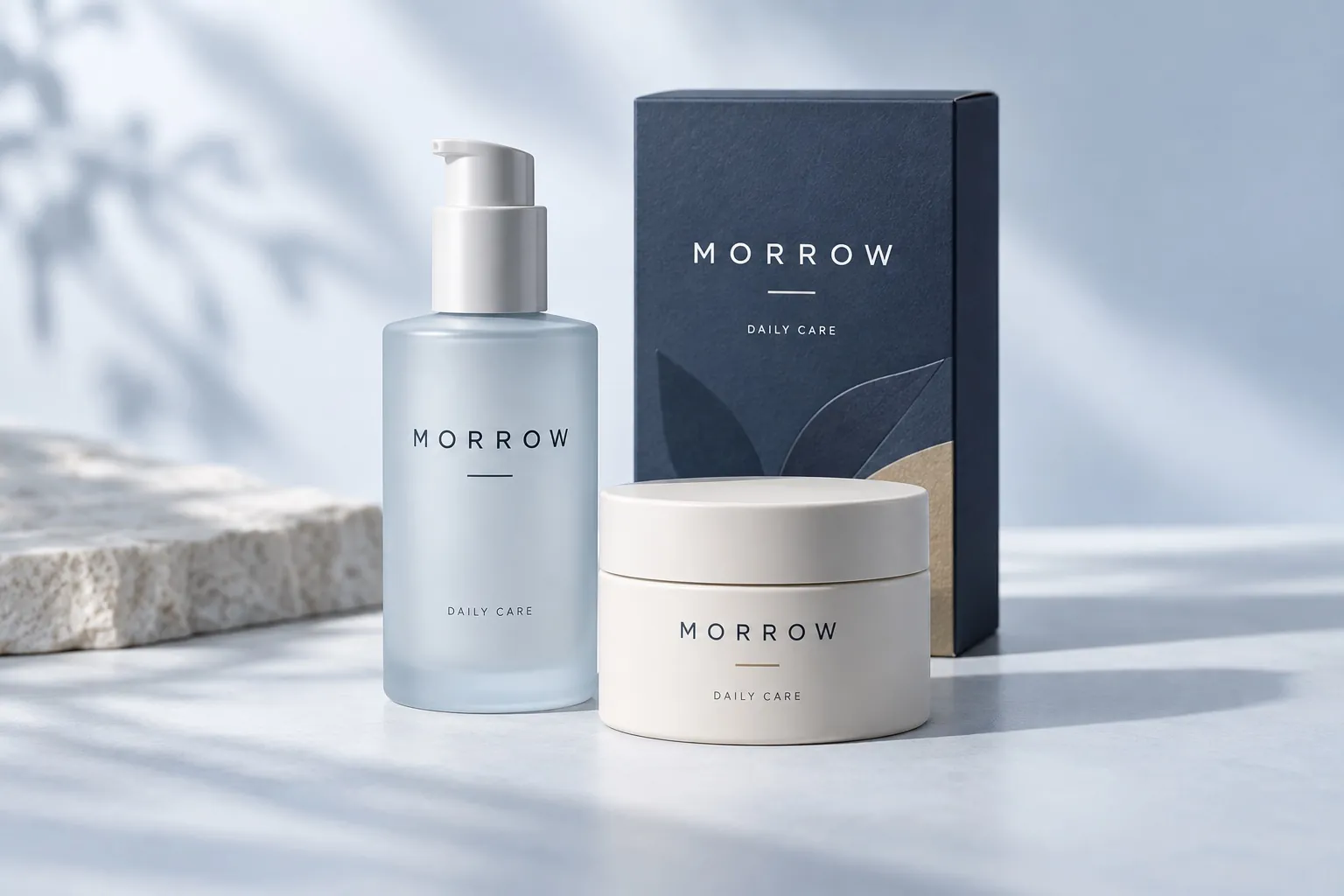 Morrow cleanser, daily cream, and body wash packaging in mist blue and navy